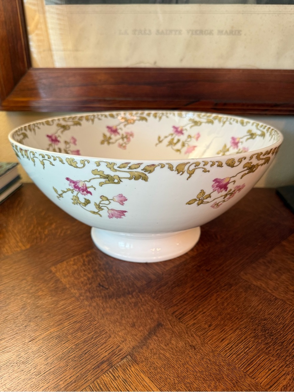 Antique Guerin Limoge Porcelain Pedestal Serving Bowl with Pink Floral